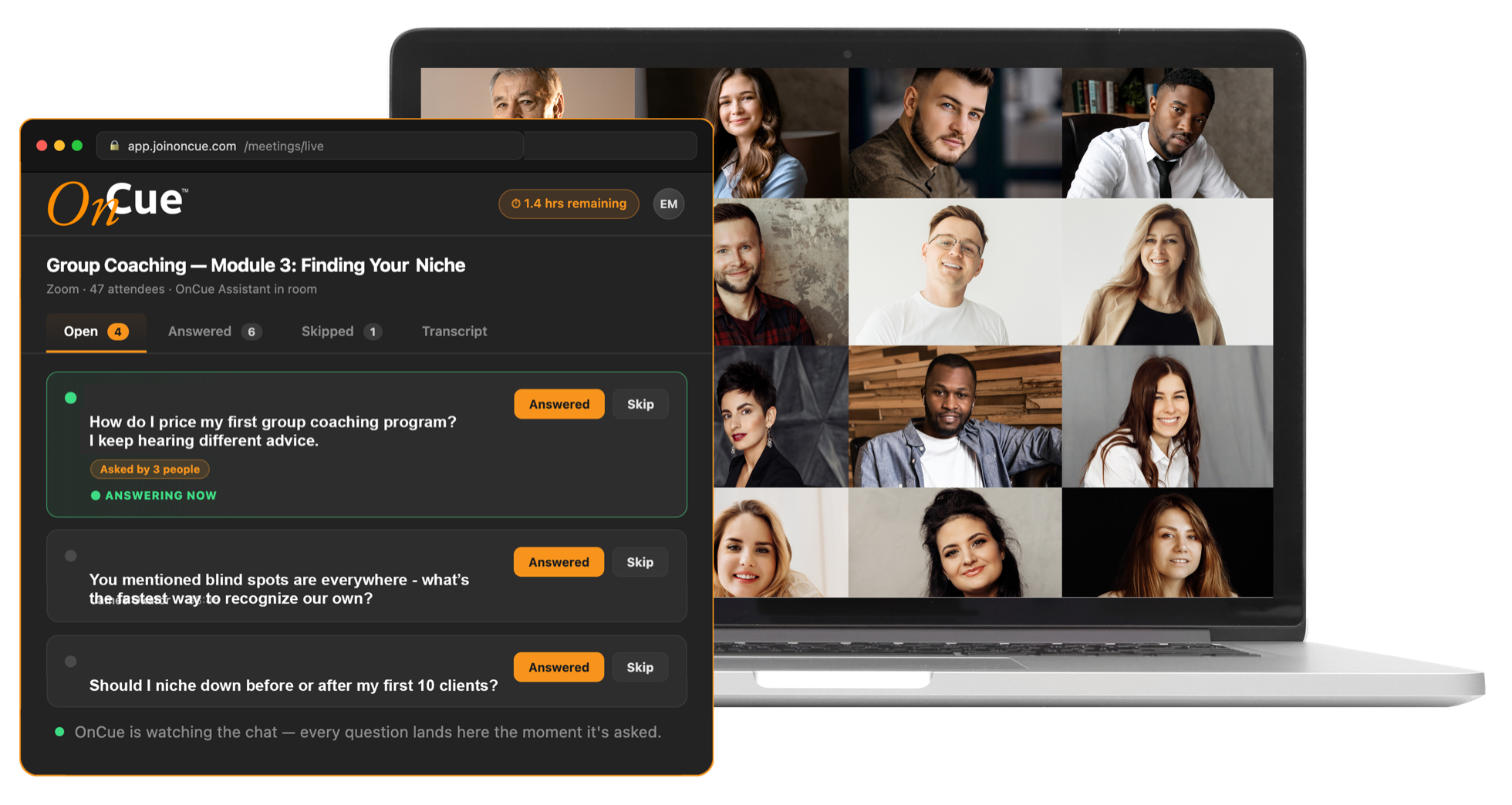 The OnCue dashboard showing a live question queue, next to a laptop running a Zoom call